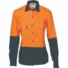 DNC 3932 190gsm Ladies Cotton Drill Shirt, Long Sleeve, Orange/Navy