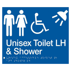 180x210mm - Braille - Blue PVC - Unisex Disabled Toilet & Shower LH