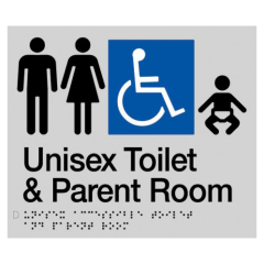 180x210mm - Braille - Silver PVC - Unisex Toilet & Parent Room