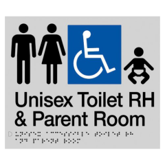 180x210mm - Braille - Silver PVC - Unisex Toilet RH & Parent Room