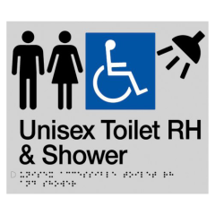 180x210mm - Braille - Silver PVC - Unisex Wheelchair Accessible Toilet & Shower RH