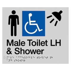 180x210mm - Braille - Silver PVC - Male Wheelchair Accessible Toilet & Shower LH