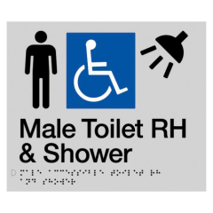 180x210mm - Braille - Silver PVC - Male Wheelchair Accessible Toilet & Shower RH