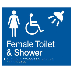 180x210mm - Braille - Blue PVC - Female Wheelchair Accessible Toilet & Shower