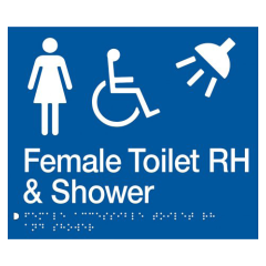 180x210mm - Braille - Blue PVC - Female Wheelchair Accessible Toilet & Shower RH