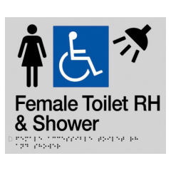 180x210mm - Braille - Silver PVC - Female Wheelchair Accessible Toilet & Shower RH