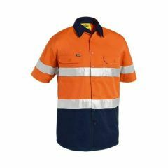 Bisley Lightweight Hoop Reflective Cotton Drill Shirt_ Short Sleeve_ Orange Navy