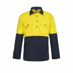 WorkCraft Hi Vis Closed Front Cotton Drill Shirt w_Semi Gusset Sleeves_ Yellow_Navy