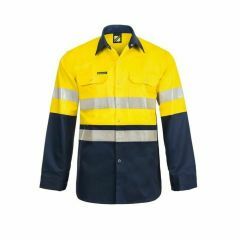 WorkCraft Hi Vis Cotton Drill Shirt Reflective Tape Long Sleeve Yellow Navy