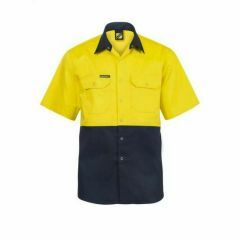WorkCraft Hi Vis Cotton Drill Shirt with Press Studs_ Yellow_Navy_ Short Sleeve