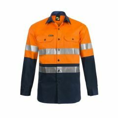WorkCraft Hi Vis Two Tone Long Sleeve Cotton Drill Shirt Orange Navy