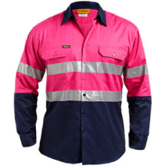 Bisley BS6896 Lightweight 155gsm Hoop Reflective Cotton Drill Shirt, Long Sleeve, Pink/Navy