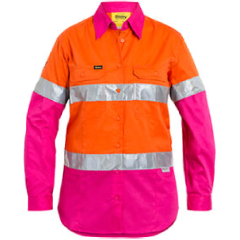 Bisley BL6696T Womens Hoop Reflective Cotton Drill Shirt, Long Sleeve, Orange/Pink