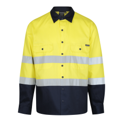 Norss HiVis Two Tone (190gsm) Reflective Cotton Drill Shirt, Yellow/Navy, Long Sleeve