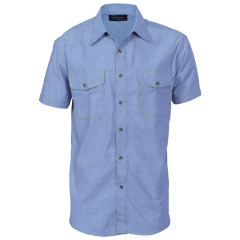 DNC 4103 155gsm Mens Twin Flap Pocket Cotton Chambray Shirt, Short Sleeve, Blue