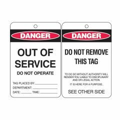 Danger Out Of Service Do Not Operate Tag - Heavy Duty Poly, Pack/10