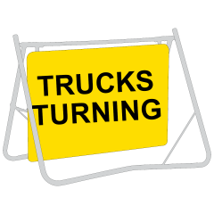 Trucks Turning (Text), 900 x 600mm Metal, Class 1 Reflective, Swing Stand & Sign