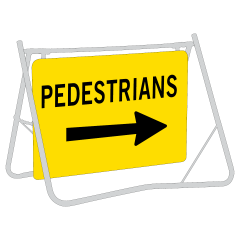 Pedestrians (Arrow Right), 900 x 600mm Metal, Class 1 Reflective, Swing Stand & Sign